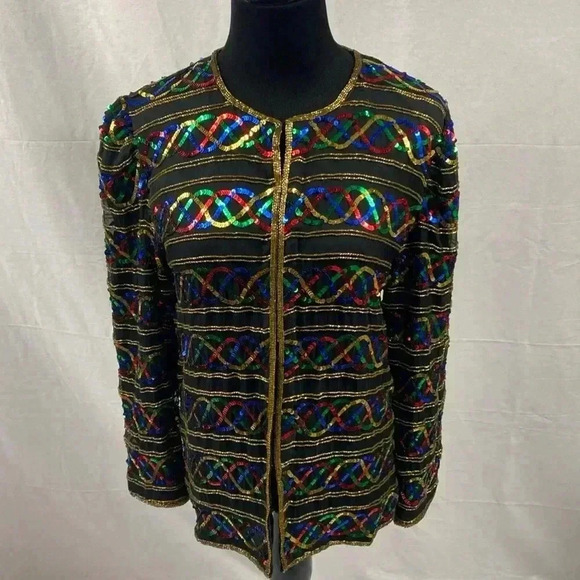 Laurence Kazar Silk Jacket Vintage 90s Party Sequin Petite Small - Picture 1 of 7